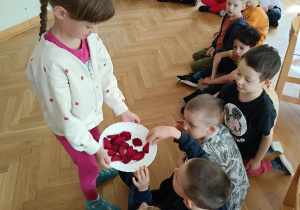 Dziewczynka częstuje dzieci kawałkami buraka.