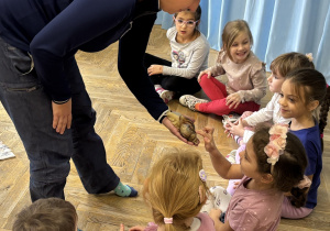 Dzieci siedzą na podłodze i głaszczą skorupę ślimaka afrykańskiego podczas spotkania z Panią Anią i jej zwierzątkami.