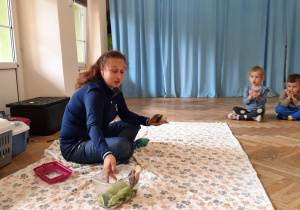 Prowadząca wyjmuje z transporterka duże ślimaki afrykańskie.