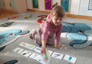 Dziewczynka wybiera ilustrację przedstawiającą środek higieniczny służący do mycia się.