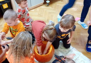 Na ceracie leży dynia z odciętym u góry ogonkiem, dwie dziewczynki wyciągają ze środka dyni pestki.