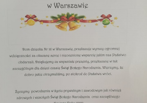 Dyplom - podziękowanie dla Przedszkola nr 9 w Warszawie za otrzymane prezenty.