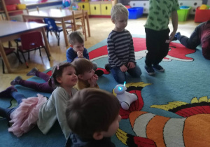 Dzieci siedzą w półkolu i obserwują robocika poruszającego się po dywanie.